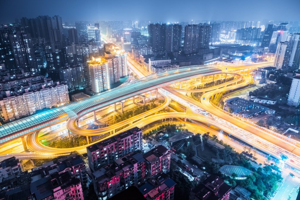 aerial view of city interchange at night ,wuhan , China