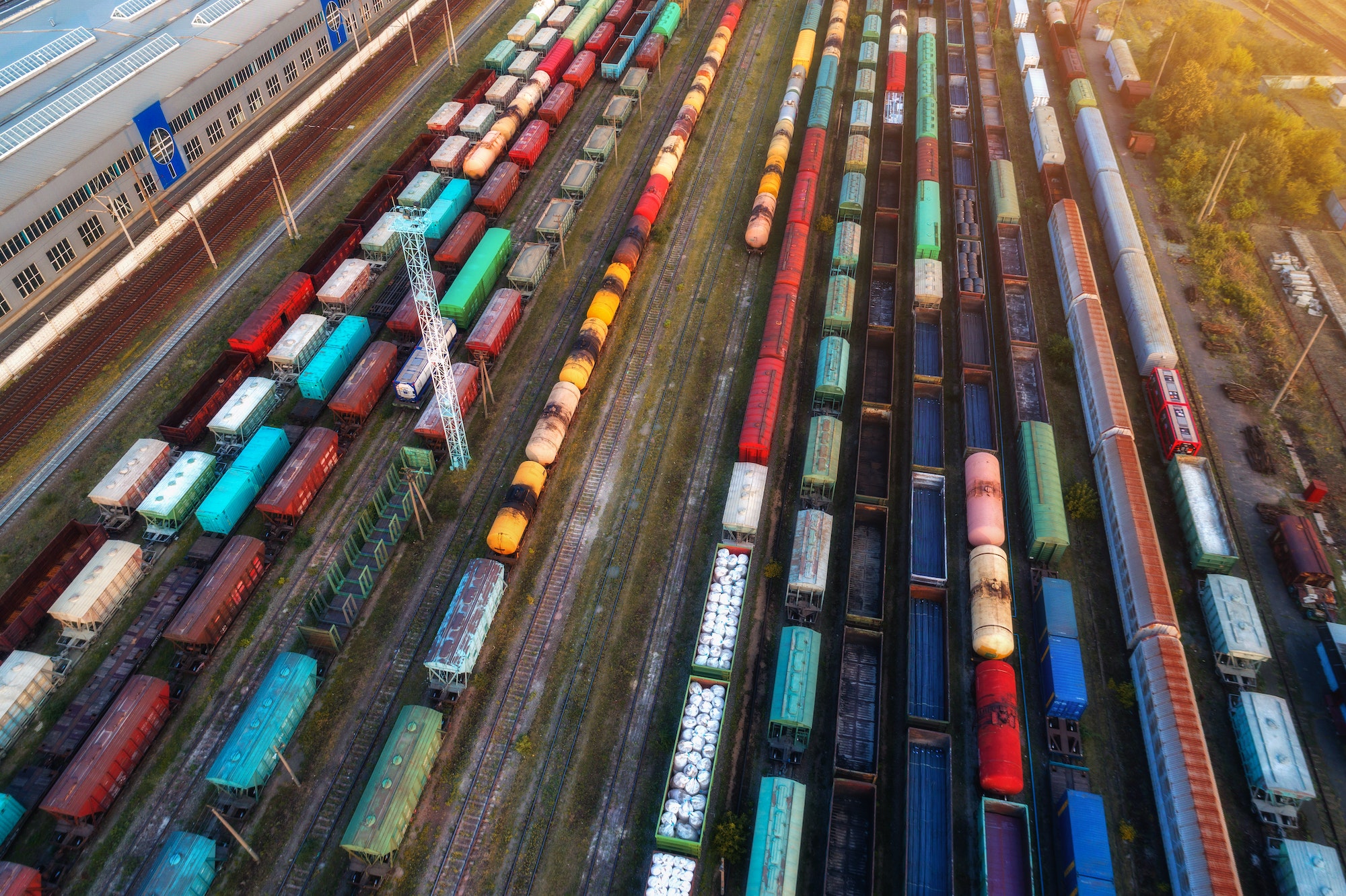 Aerial view of colorful freight trains